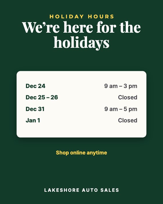 Holiday Hours car dealership ad template: Opening hours card