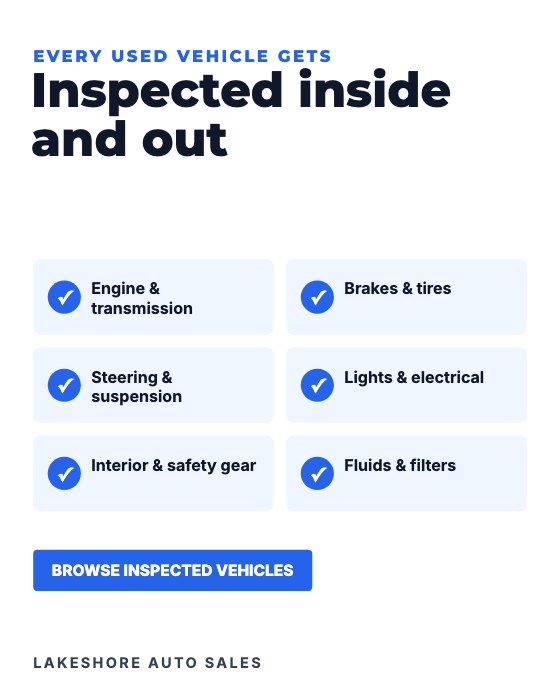Inspected Inside & Out car dealership ad template: No photo · six checks