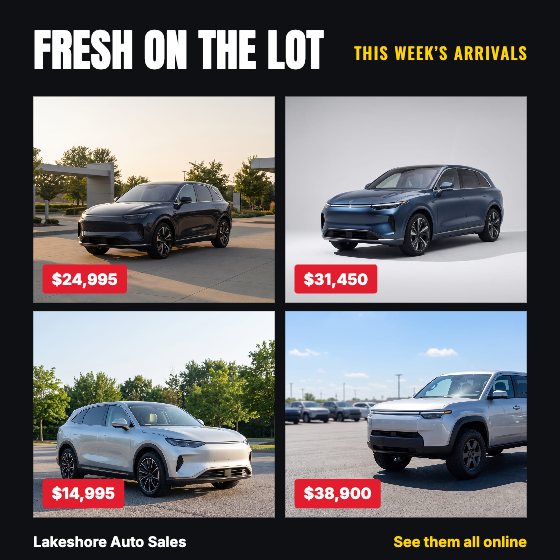 Fresh Inventory car dealership ad template: Four vehicles · price tags