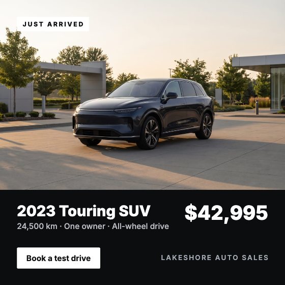 Just Arrived car dealership ad template: Vehicle spotlight · price bar
