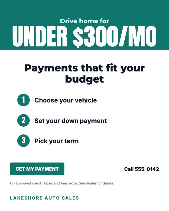 Payments Under $300 car dealership ad template: No photo · monthly payment