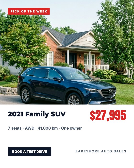 Pick of the Week car dealership ad template: Vehicle photo · price and specs