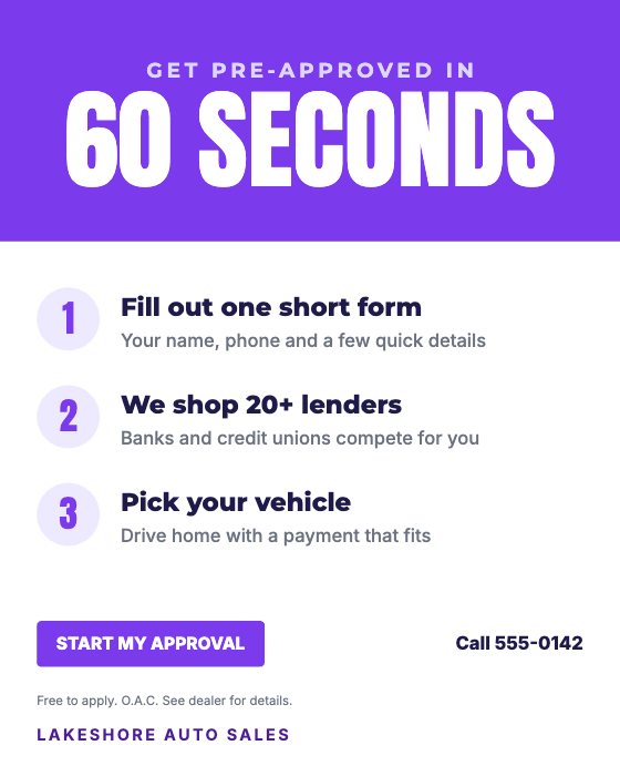 Pre-Approved in 60 Seconds car dealership ad template: Motion · three easy steps