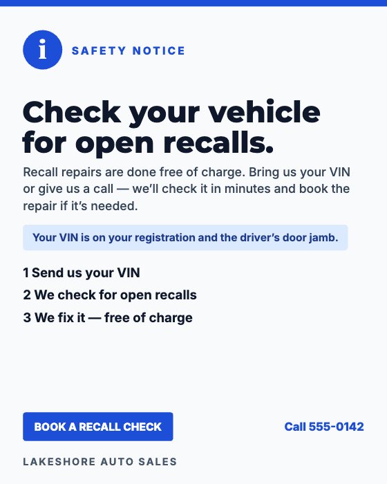 Recall Check car dealership ad template: Calm safety notice
