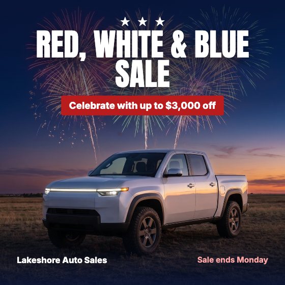 Red, White & Blue car dealership ad template: July 4th · Memorial · Labor Day
