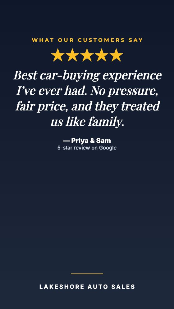 Review Story car dealership ad template: Story 9:16 · testimonial