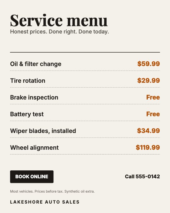 Service Menu car dealership ad template: No photo · price list