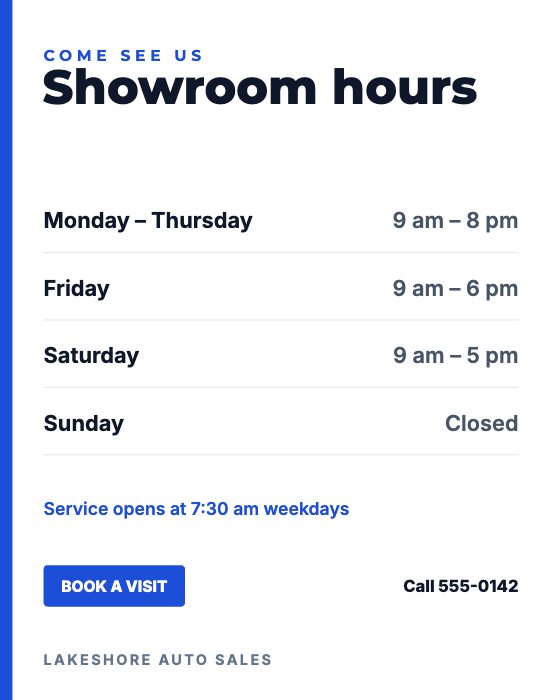 Showroom Hours car dealership ad template: No photo · weekly hours