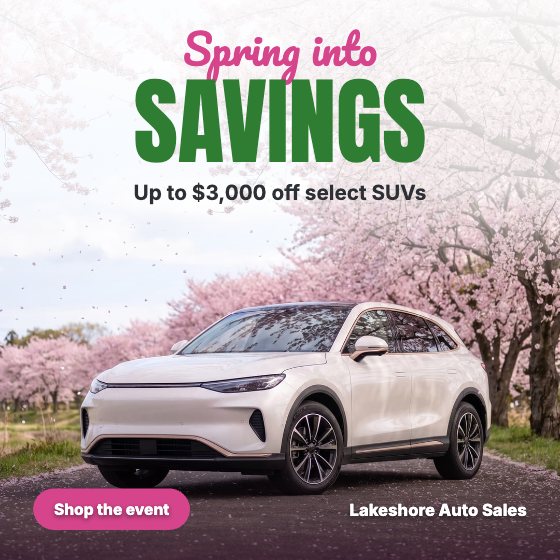 Spring Into Savings car dealership ad template: Spring · cherry blossoms
