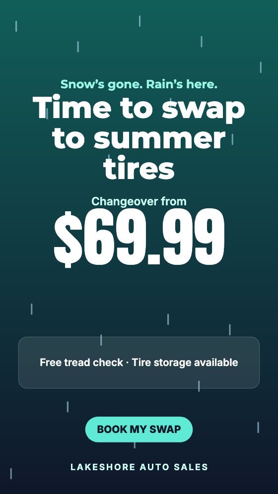 Summer Tire Swap car dealership ad template: Motion · story 9:16 · April rain