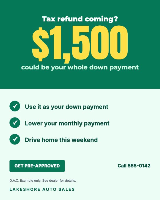 Tax Refund Boost car dealership ad template: Motion · March–April · refund counts up