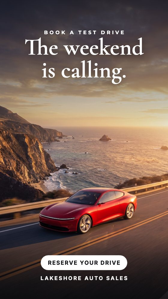 The Weekend Is Calling car dealership ad template: Story 9:16 · coastal road
